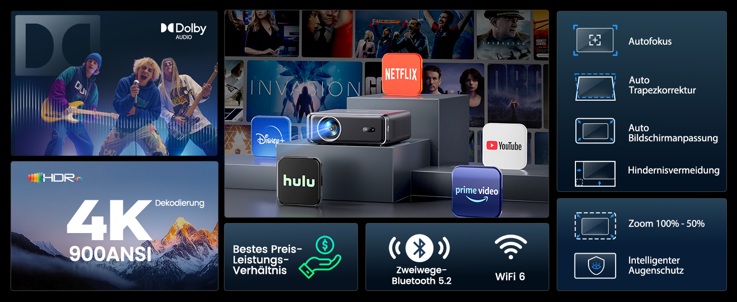 4K проєктор Smart Beamer з Netflix, Dolby Audio, 1000 ANSI люмен. Підтримка автофокусу, корекції трапеції 6D, WiFi 6/Bluetooth. Підходить для Android/iPhone, для дому та на вулицю. Чорний.