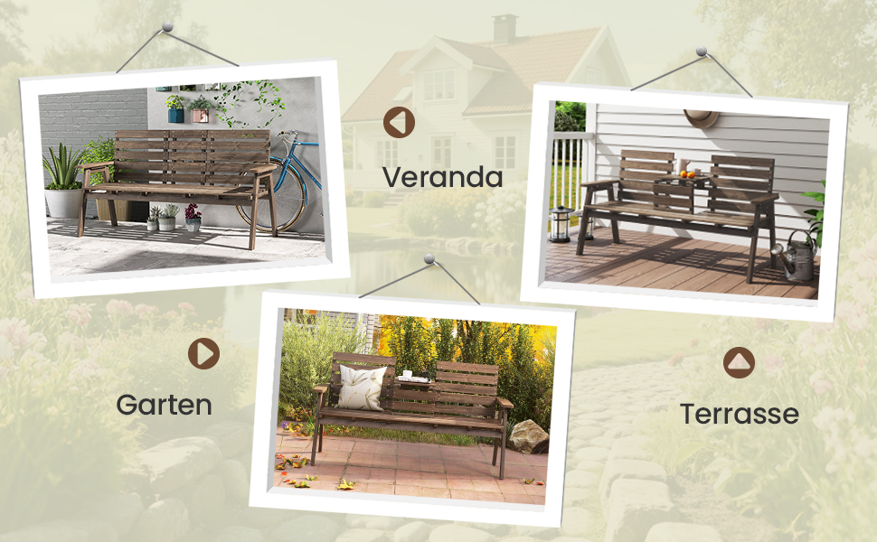 Лавка для саду COSTWAY з журнальним столиком, дерев'яна лавка на 2-3 особи, міцна лавка для тераси, балкону та саду, до 320 кг, 160 x 64 x 86 см, колір: натуральний