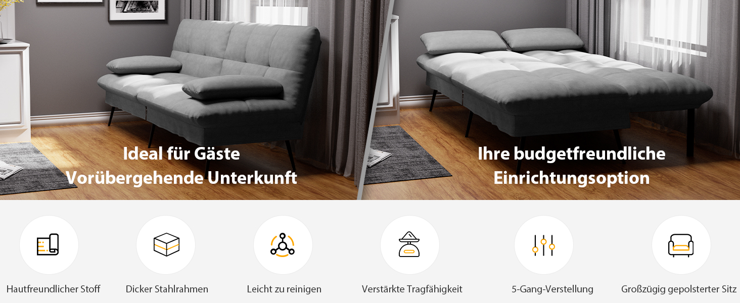 Диван-ліжко LUCKRACER 3-місний з регулюванням кута нахилу, сірий, для вітальні та квартири