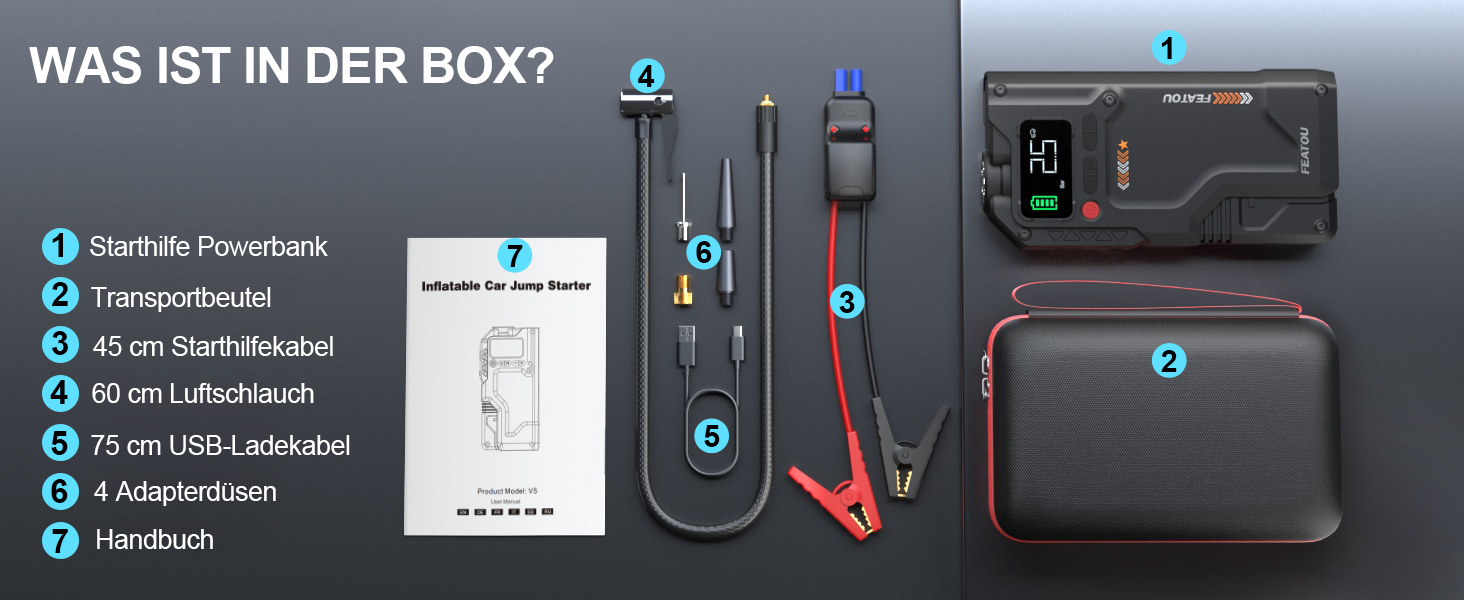 Powerbank з компресором Starthilfe 6500A: автостартер 12V для легкових автомобілів з повітряним насосом, бустер-акумулятор (для 9.0L бензину/8.5L дизеля) з пусковими кабелями, LED ліхтар 500 люмен (чорний), піковий струм 6500A