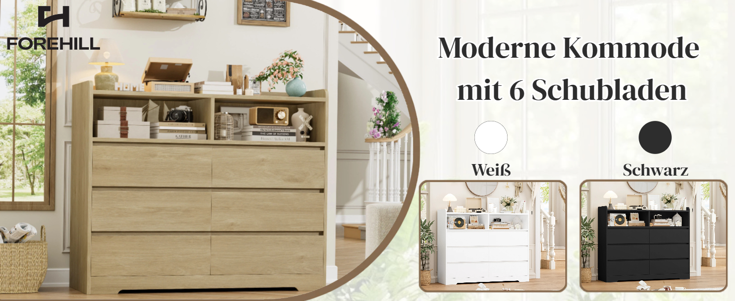 Комод FOREHILL з 6 висувними ящиками, 120 см, колір дуб - комод-тумба для спальні, вітальні, передпокою, 120x40x100 см