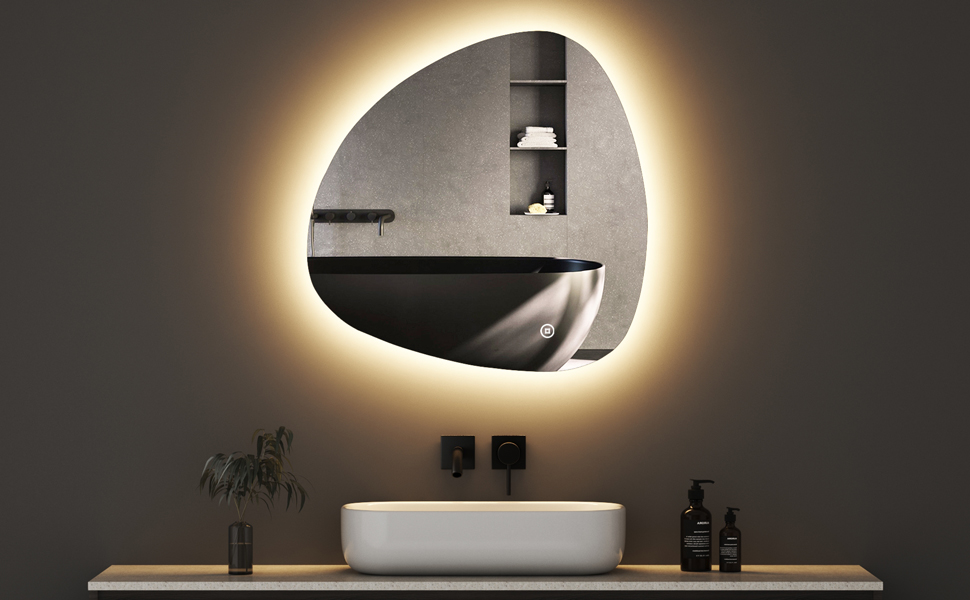 Асиметричне дзеркало для ванної кімнати Boromal з підсвічуванням 80x80 см LED, сенсорне керування, 3 кольори світла, регулювання яскравості