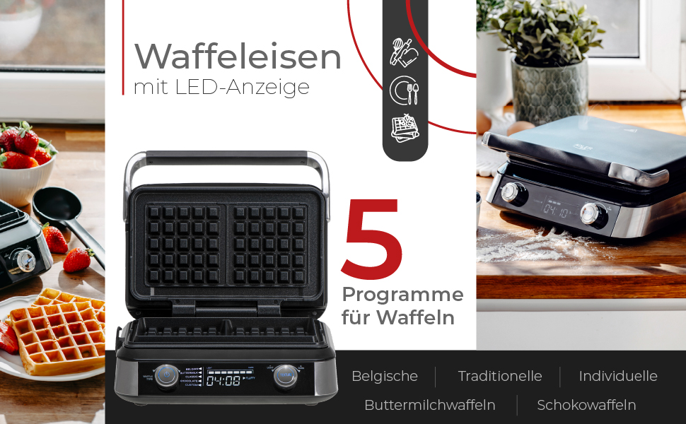 Професійна вафельниця ADLER EUROPE для бельгійських вафель з LCD-дисплеєм, 2400 Вт, 5 програм та 7 рівнів просмаження, глибокі пластини 12x13x2 см