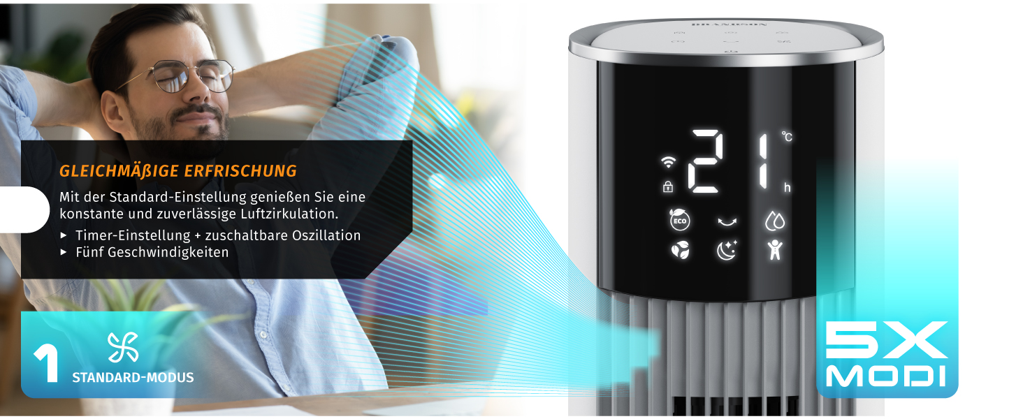 Вентилятор вежний з Wi-Fi та охолодженням води Brandson ECO GREEN – тихий, з керуванням Alexa, смарт-вентилятор для дому, мобільний кондиціонер