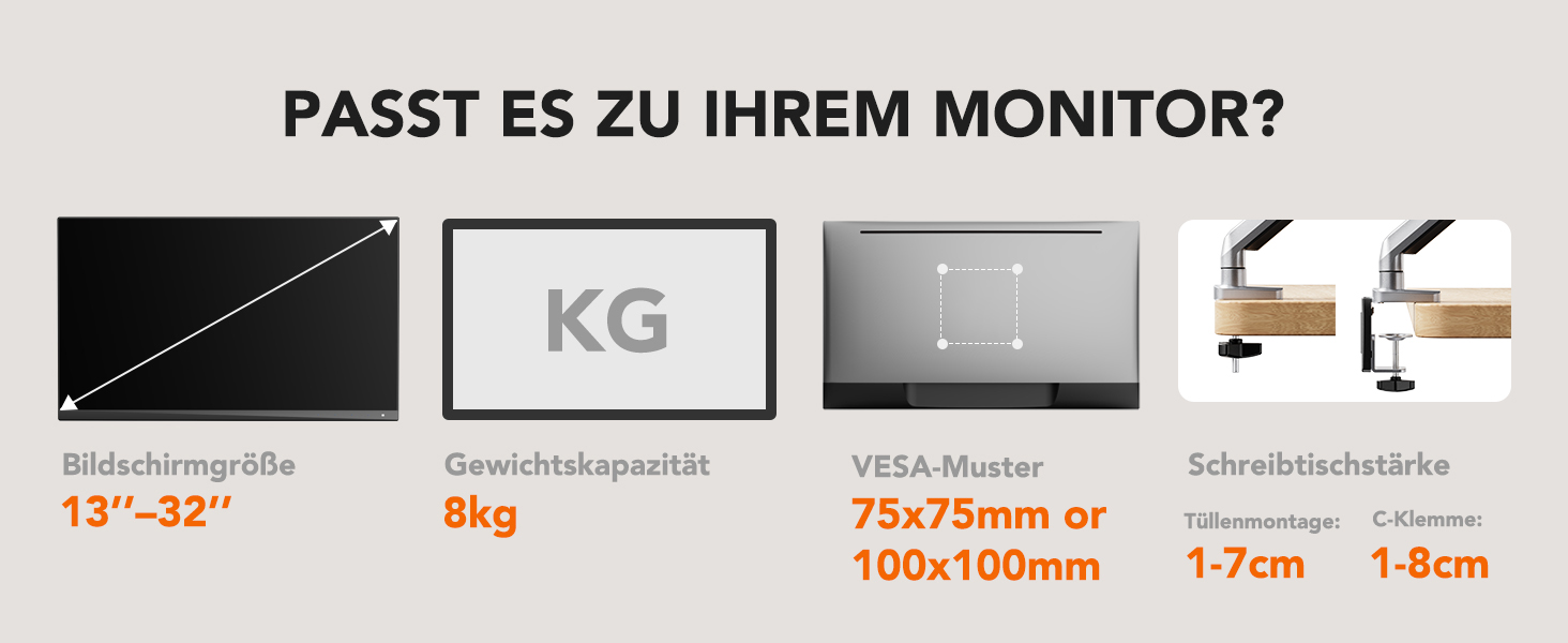 Кріплення для монітора ErGear: регульована підставка для моніторів 13-32 дюймів, газ-пружина, VESA 75/100mm, срібло