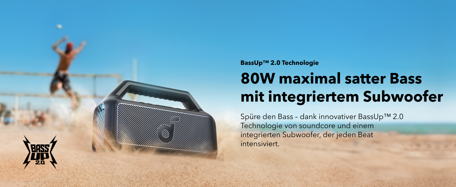 Soundcore Boom 2 - Портативна Bluetooth-колонка, 80W, сабвуфер, BassUp 2.0, 24 години, IPX7, LED, USB-C, BT 5.3, Чорна