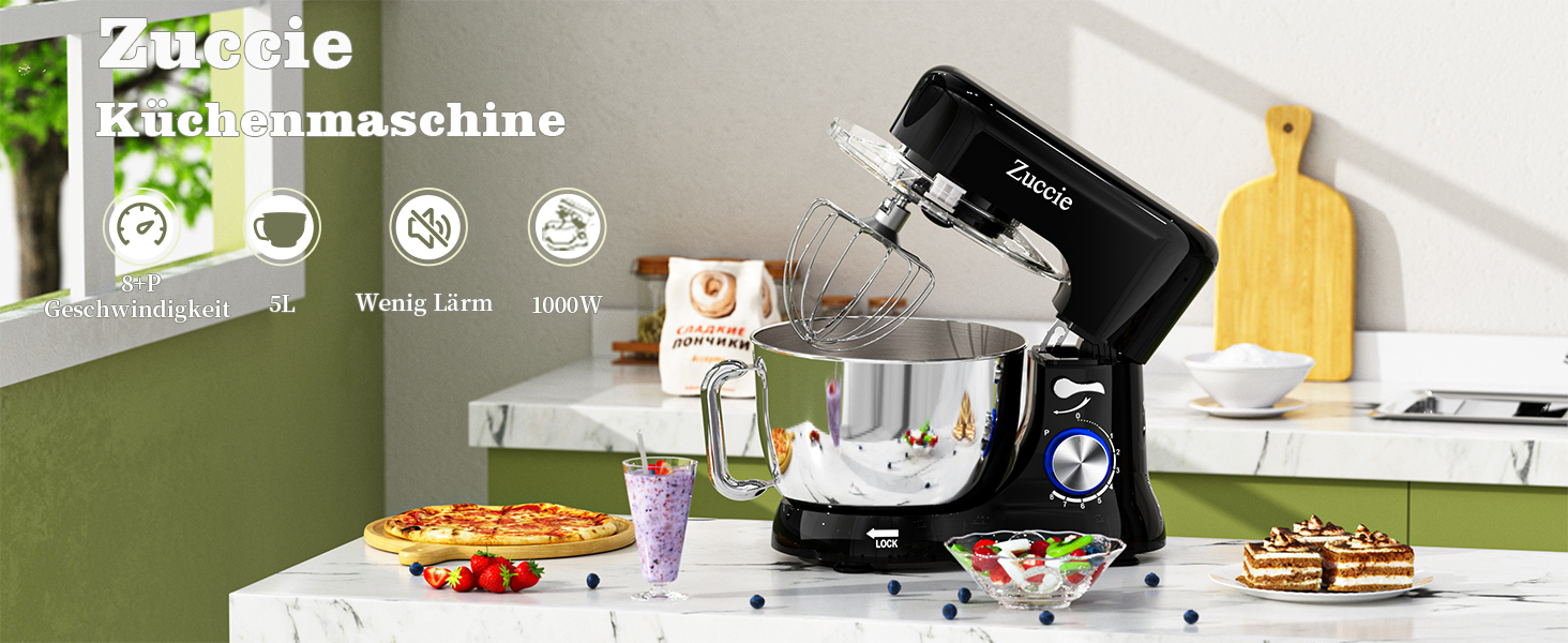 Кухонна машина Zuccie з тихою роботою, 5л чаша з нержавіючої сталі, 3 насадки, сплітц-захист, скребок для тіста та роздільник яєць, 8+P швидкості, для приготування тіста (білий/чорний)