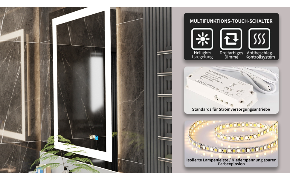 Дзеркало для ванної кімнати Luminorcrest з підсвічуванням, прямокутне 60 x 80 см, LED, 3 кольори, диммування, сенсорне управління, антизапар, CRI90+, загартоване скло, бічне та заднє підсвічування