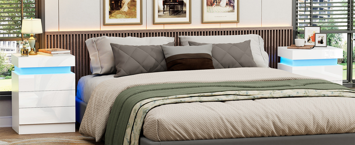 Нічний столик білий з екошкірою, 3 висувні ящики та шафка з відкидною кришкою, 45x35x61 см