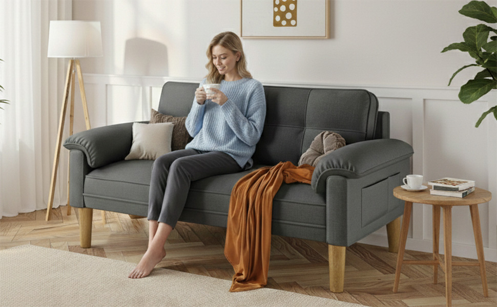 Диван Xbro 2-місний, компактний диван з підлокітниками та бічною кишенею, сучасний диван з тканини для вітальні, квартири, офісу, проста збірка, 144 x 77 x 77 см, темно-сірий