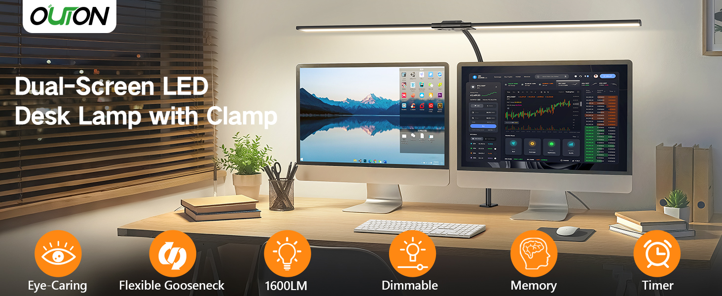 OUTON LED лампа для столу з двома головками, 85.5 см, 1600 люмен, сенсорне керування, регулювання яскравості, 5 температур кольору, таймер, пам'ять, захист очей, кріпиться за допомогою затискача, для офісу та дому, чорний
