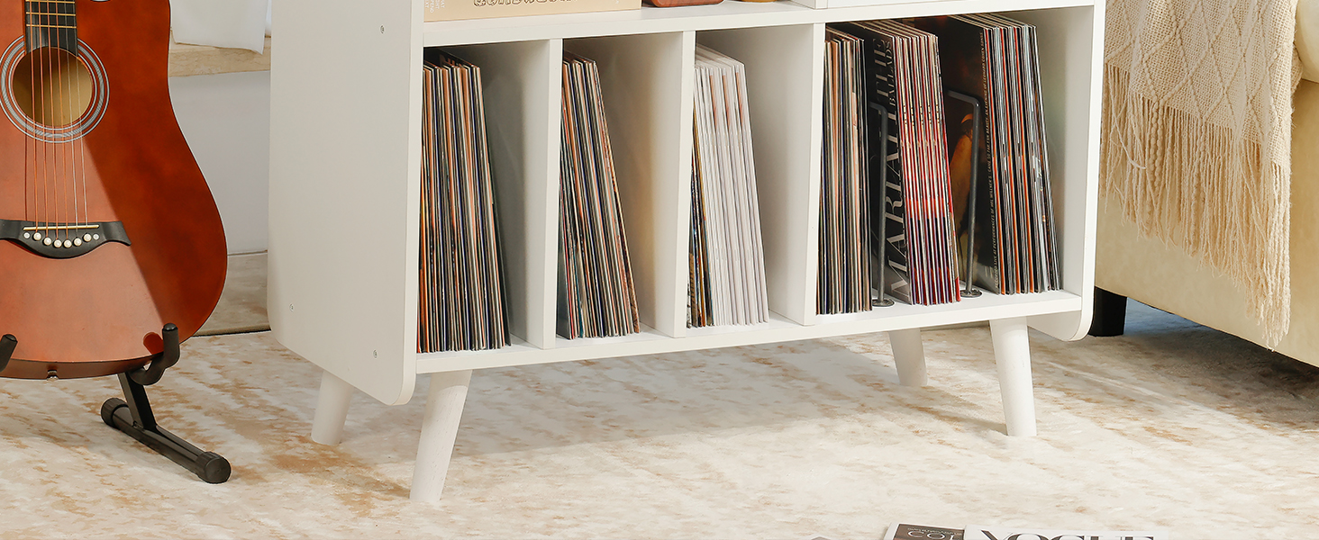 Стіл для програвача вінілу, стійка для програвача середини століття з місцем для зберігання до 350+ платівок, шафа для вінілових платівок з регульованими полицями (Білий)