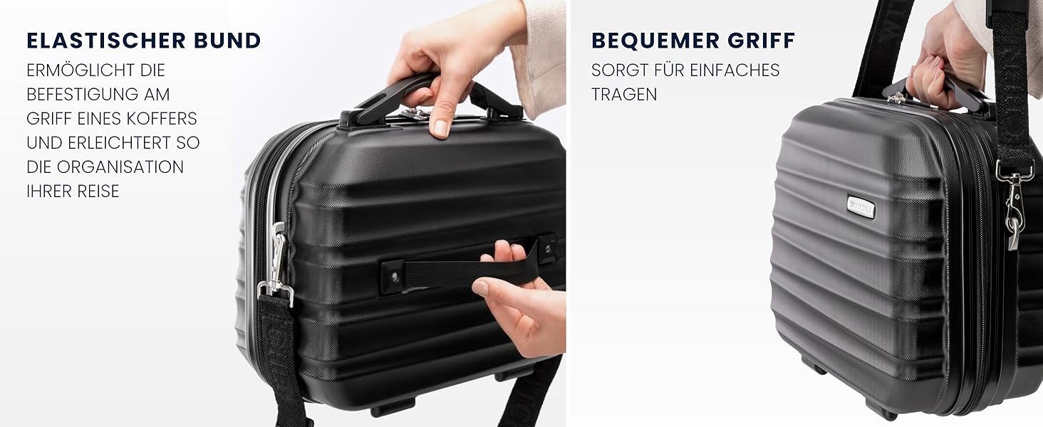 Набір валізWITTCHEN 3 в 1: велика, середня, маленька. Валізи на колесах з ABS, з кодовим замком, 4 колеса, Groove Line. Підходить для Lufthansa, Eurowings, Ryanair, Condor. (Синій, косметичка)