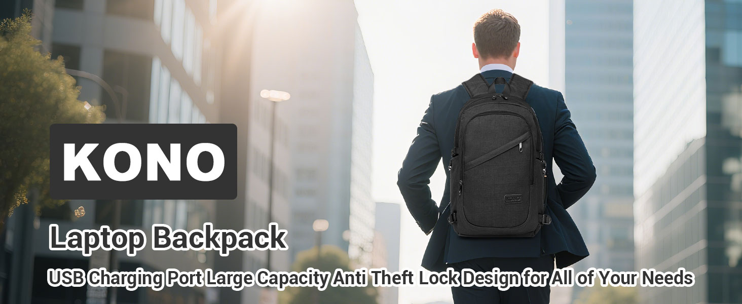 Чорний рюкзак для ноутбука KONO 15.6 дюймів, водонепроникний, антикрадійний, для роботи, подорожей та навчання