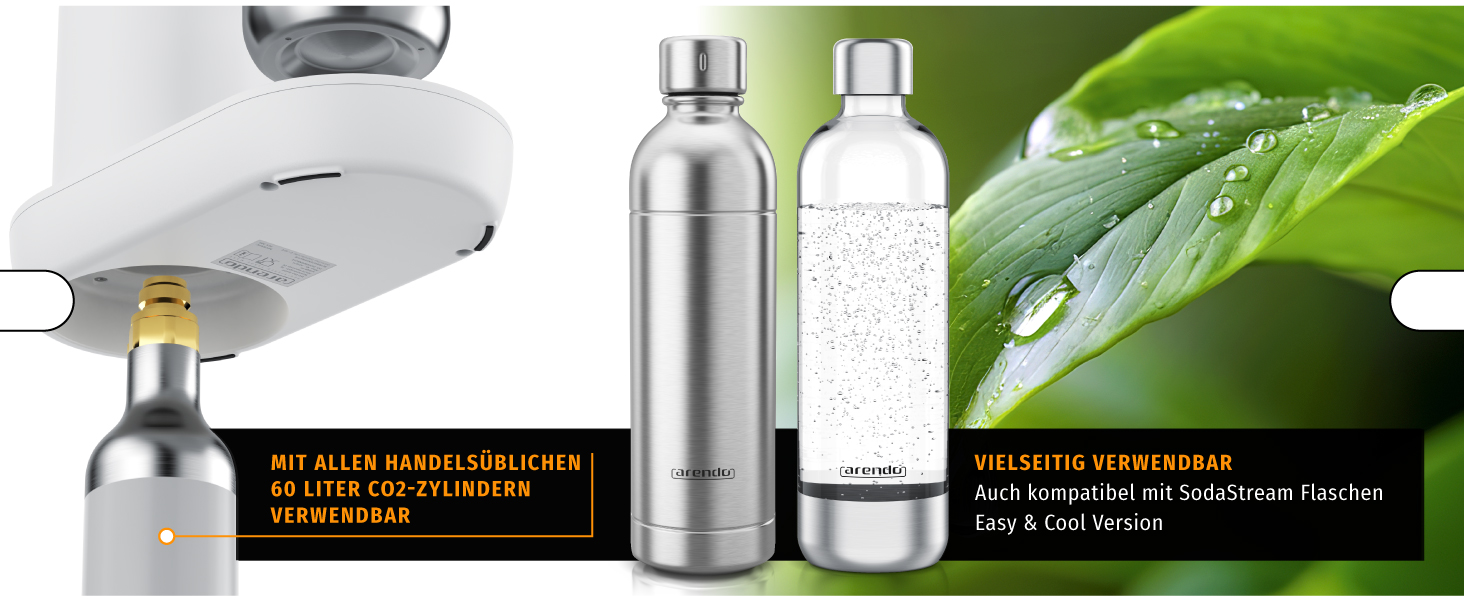 Сифон для газування води Arendo Soda Maker, набір з двома пляшками (1л пластикова BPA-free та 1л зі сталі), сумісний з циліндрами CO2 60л, білий