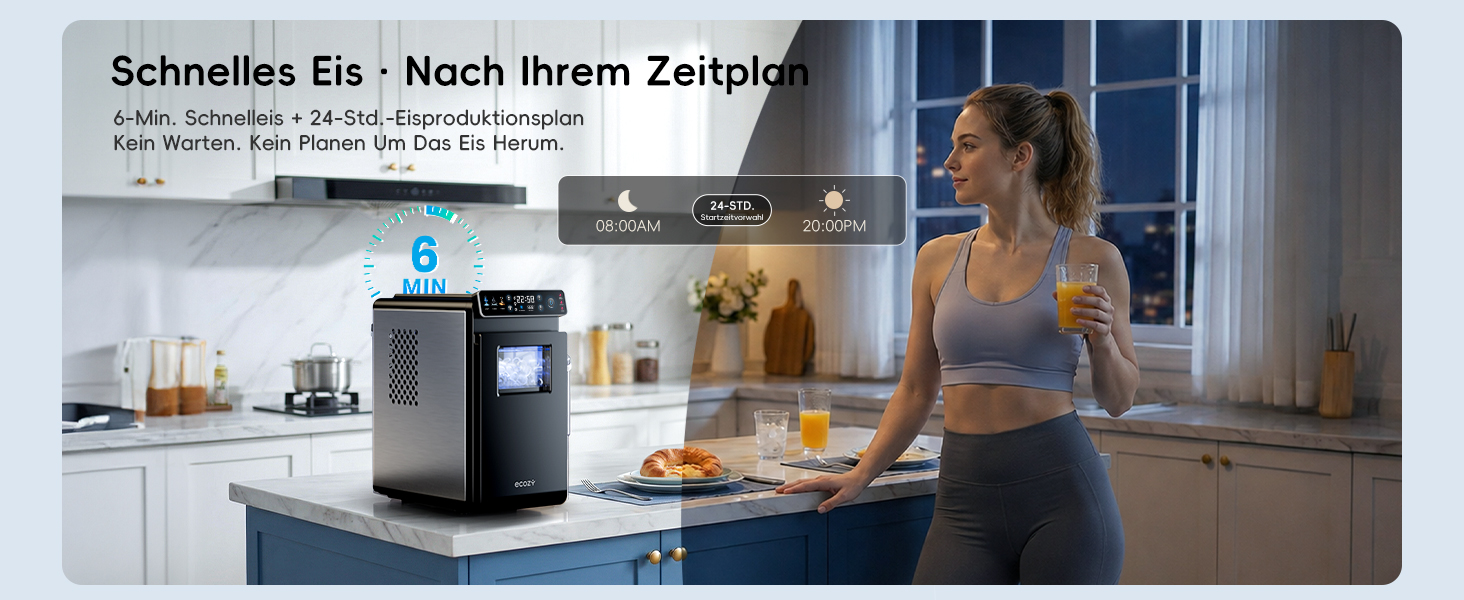 Компактний льодогенератор ecozy з кольоровим дисплеєм та таймером на 24 години, 12 кг льоду/добу, 2 розміри кубиків, функція самоочищення, чорний