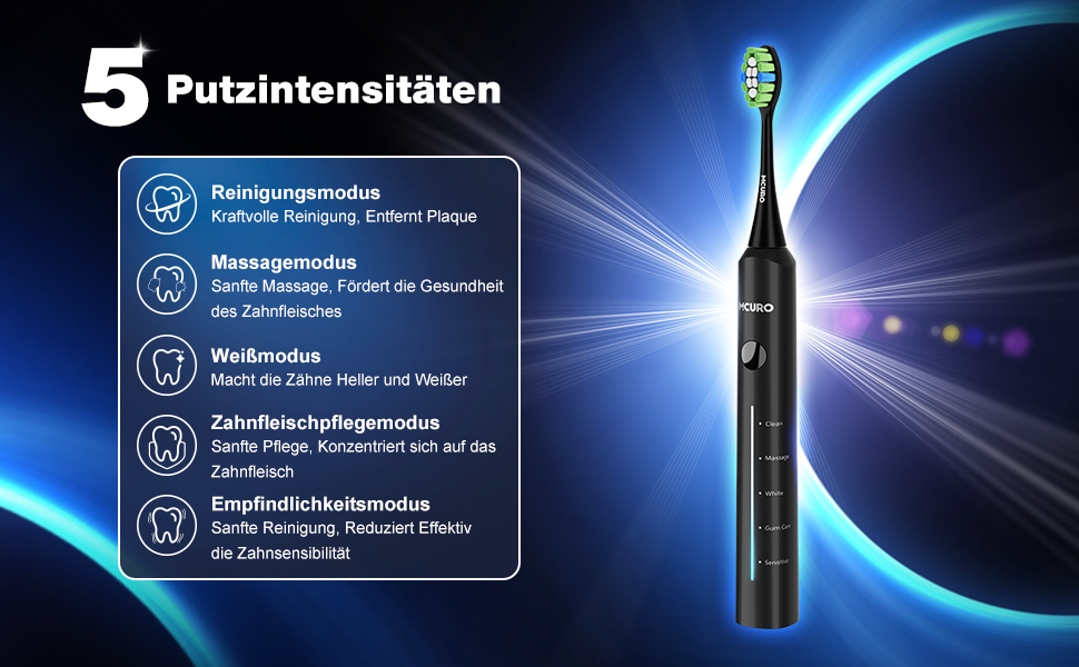 Електрична звукова зубна щітка, 45000 VPM, відбілювання за 1 тиждень, 120 днів роботи від акумулятора, індикатор заряду, 6 насадок DuPont, 5 режимів, таймер, чорна