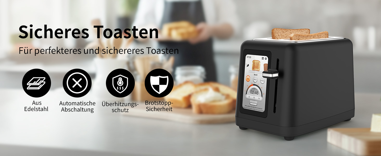 Тостер aeco toastlab Elite 2-слотовий з підставкою для булочок, широкі слоти, 6 рівнів підсмажування, 10 програм, 850W, LCD-дисплей, функція підняття, розморожування, піддон для крихт