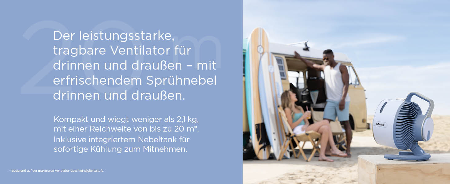Вентилятор Shark FlexBreeze HydroGo Starker з функцією розпилення, охолодження для дому та вулиці, тихий та довговічний, з підключенням до мережі та акумуляторним живленням, компактний та легкий, повітряний потік до 20 м, Glacier FA050EUBL