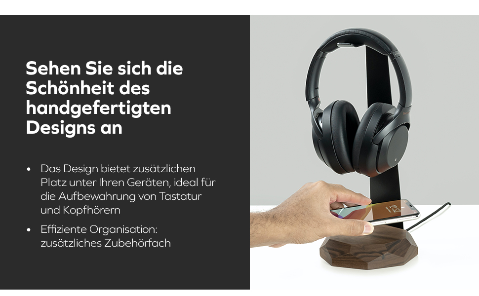 Підставка для навушників Oakywood з масивного дерева (горіх) - універсальна, стабільна, ручної роботи, з металевим кріпленням