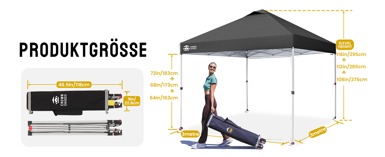 Павільйон CROWN SHADES 3x3: Водостійкий, стабільний, зимостійкий, захист від сонця UV 50+, для кемпінгу, саду та відпочинку. Сірий в клітинку.
