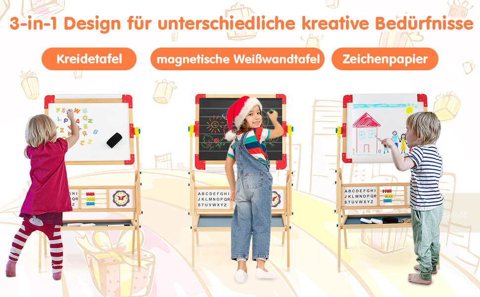COSTWAY 3-в-1 дитяча мольберт-дошка з обертанням 360°, дерев'яний мольберт з двостороннім дощечкою, мольберт для малювання з полицею, рулон паперу, абакус, годинник та алфавіт для дітей від 3 років