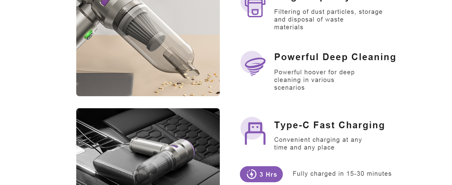 Акумуляторний ручний пилосос KITBEZN 26000Па, бездротовий міні-пилосос 4-в-1 з безщітковим двигуном для авто, дому, диванів та шерсті тварин (Фіолетовий)