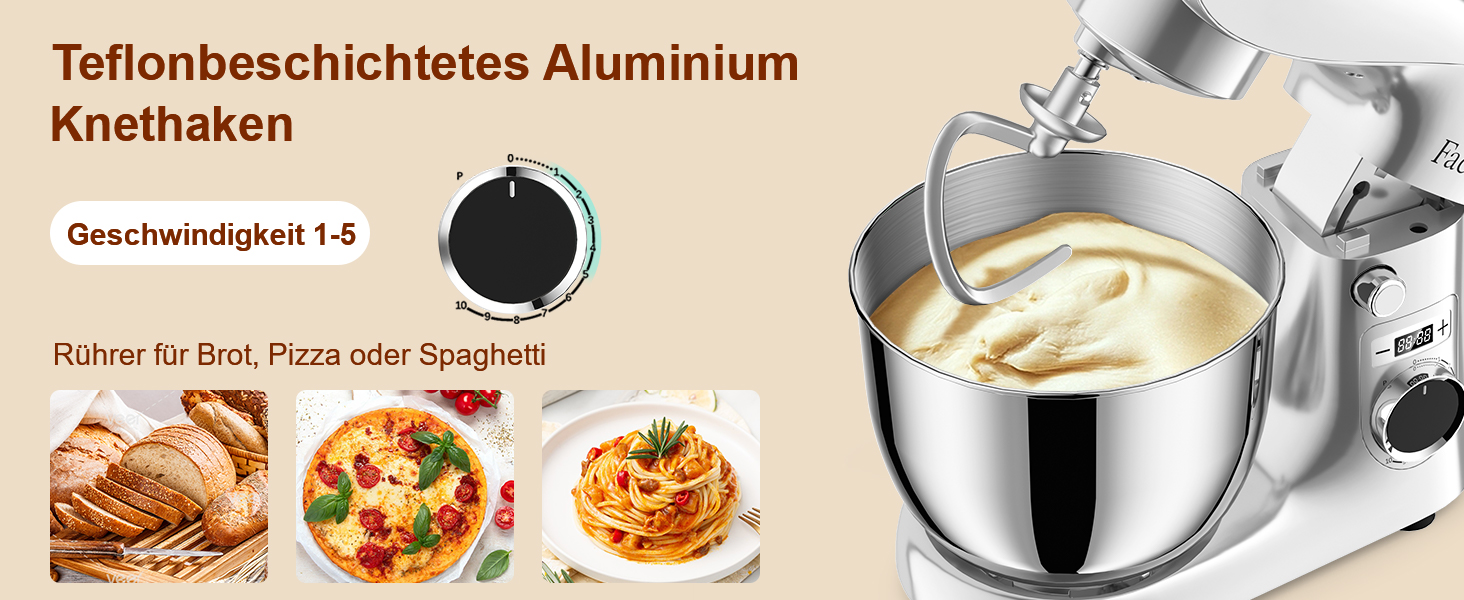 Кухонна машина-міксер Facelle 1500W з 5.5L та 4.5L чашами, 10+ програм, тиха робота, срібна