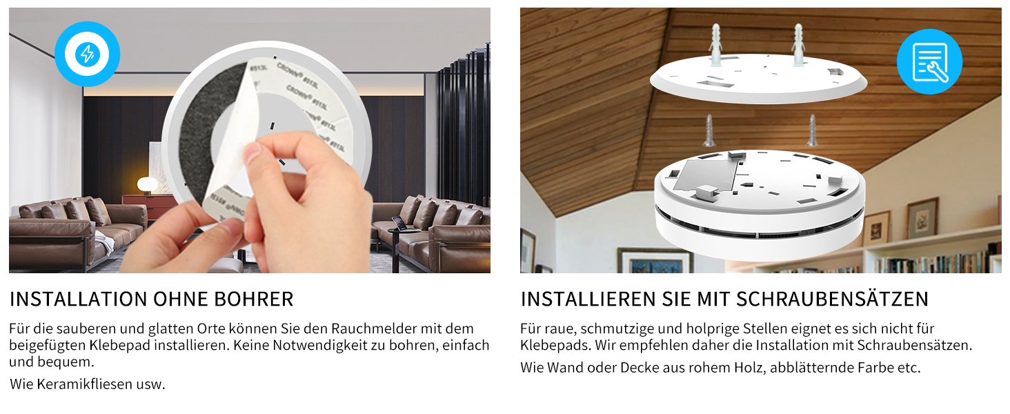 Набір датчиків диму Rauchmelder 6 шт. без світлодіодів, з батареєю на 10 років, клейкими панелями, функцією відключення звуку, 85 дБ, автономні плоскі датчики диму для пожежної безпеки вдома.