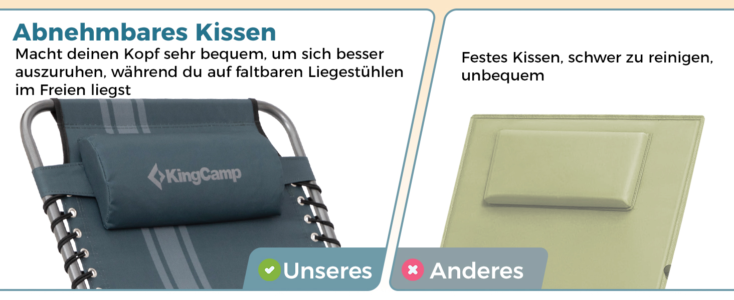 Лежак для відпочинку KingCamp великого розміру, складаний, 5 положень, для саду, кемпінгу, пляжу, 200 x 68 см, сірий, з подушкою та кишенею, до 200 кг