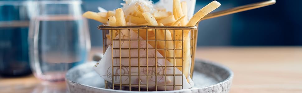 Безмасляна фритюрниця Аерофритюрниця FRY800, ємність 4 л, 7 програм приготування, температура регулюється від 80C до 200C, сенсорний екран, знімний кошик, можна мити в посудомийній машині, ємність 1400 Вт de 4 л