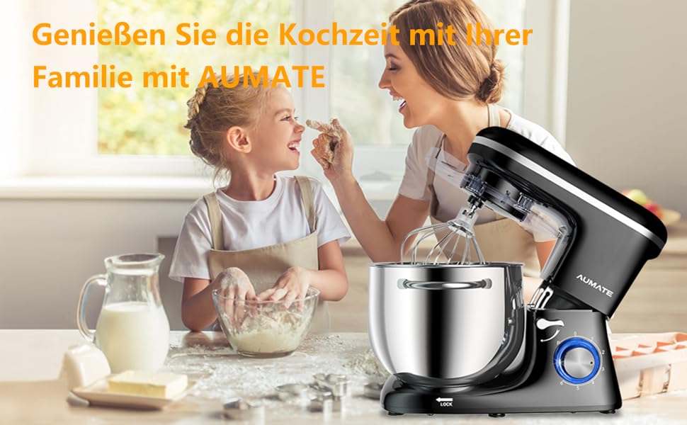 Кухонна машина AUMATE 1400W, 8 л, з міксером, гаком для тіста та вінчиком, 6 швидкостей, чорний колір