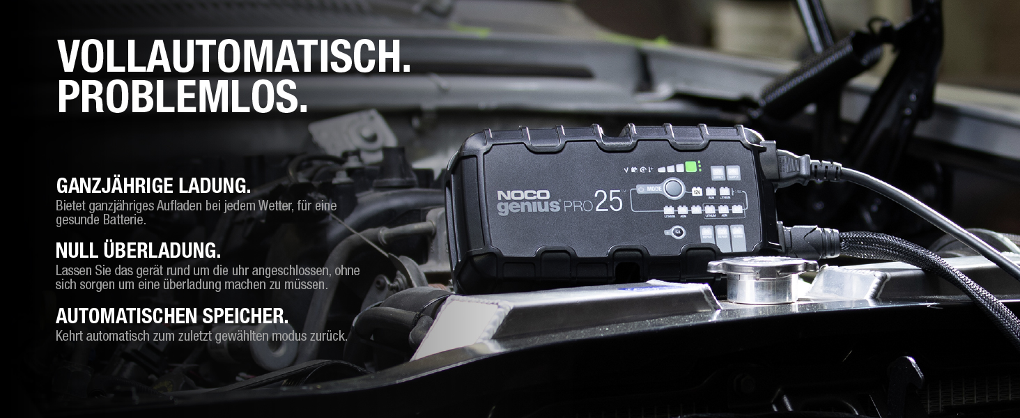 NOCO GENIUSPRO25: Професійне зарядне пристрій для акумуляторів 25A, 6V/12V/24V – Інтелектуальний зарядний пристрій, десульфатор та блок живлення з захистом від перевантаження та температурною компенсацією – Для свинцево-кислотних та літієвих акумуляторів