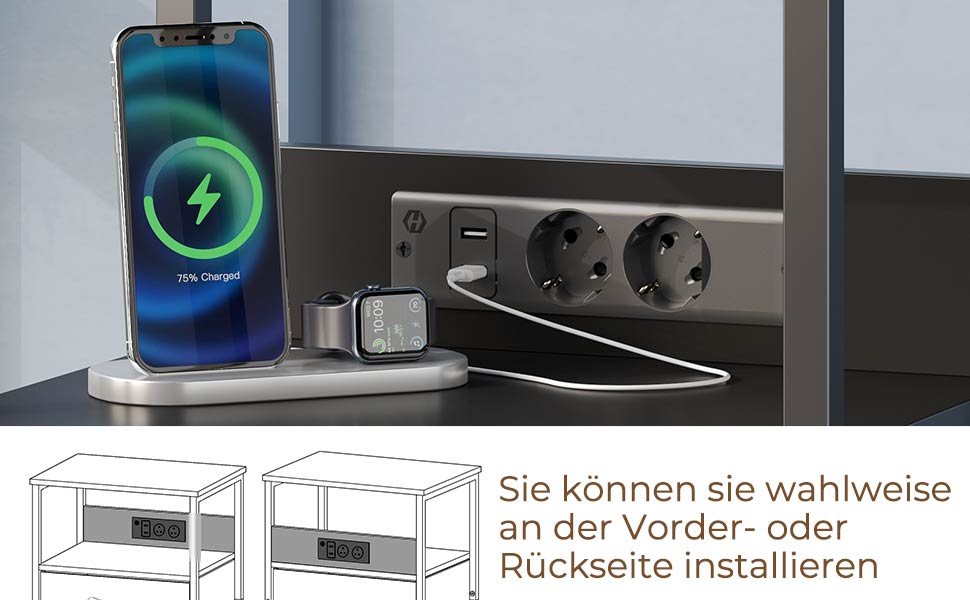 Нічний столик Rolanstar з підзарядкою, LED-підсвічуванням, 2 висувними ящиками та 3-рівневою системою зберігання, з дерева, чорний, 40 x 30 x 60 см