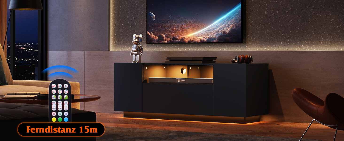 Тумба під телевізор WLIVE Schwarz 122x36x45 см, чорна глянцева з LED-підсвіткою та шафами