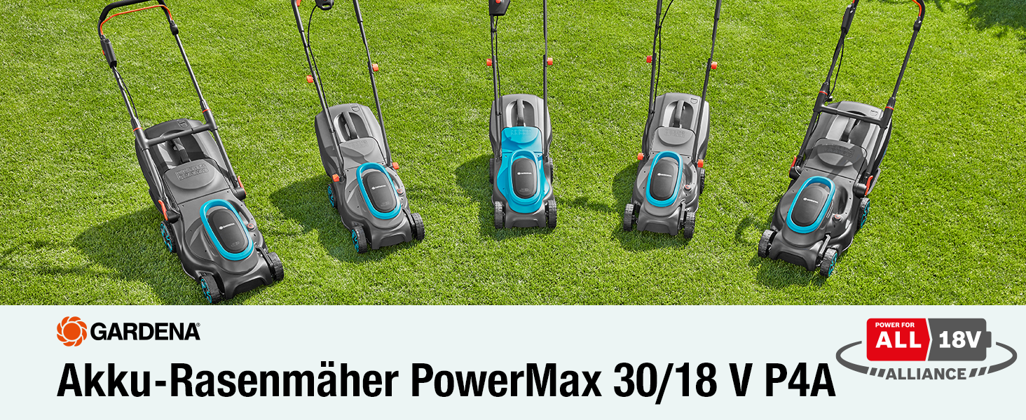 Акумуляторний газонокосарка Gardena PowerMax 37/36V P4A: комплект для використання, ширина зрізу 37 см, об'єм травоспіральника 45 л, центральне регулювання висоти зрізу, двигун PowerPlus з Eco-режимом