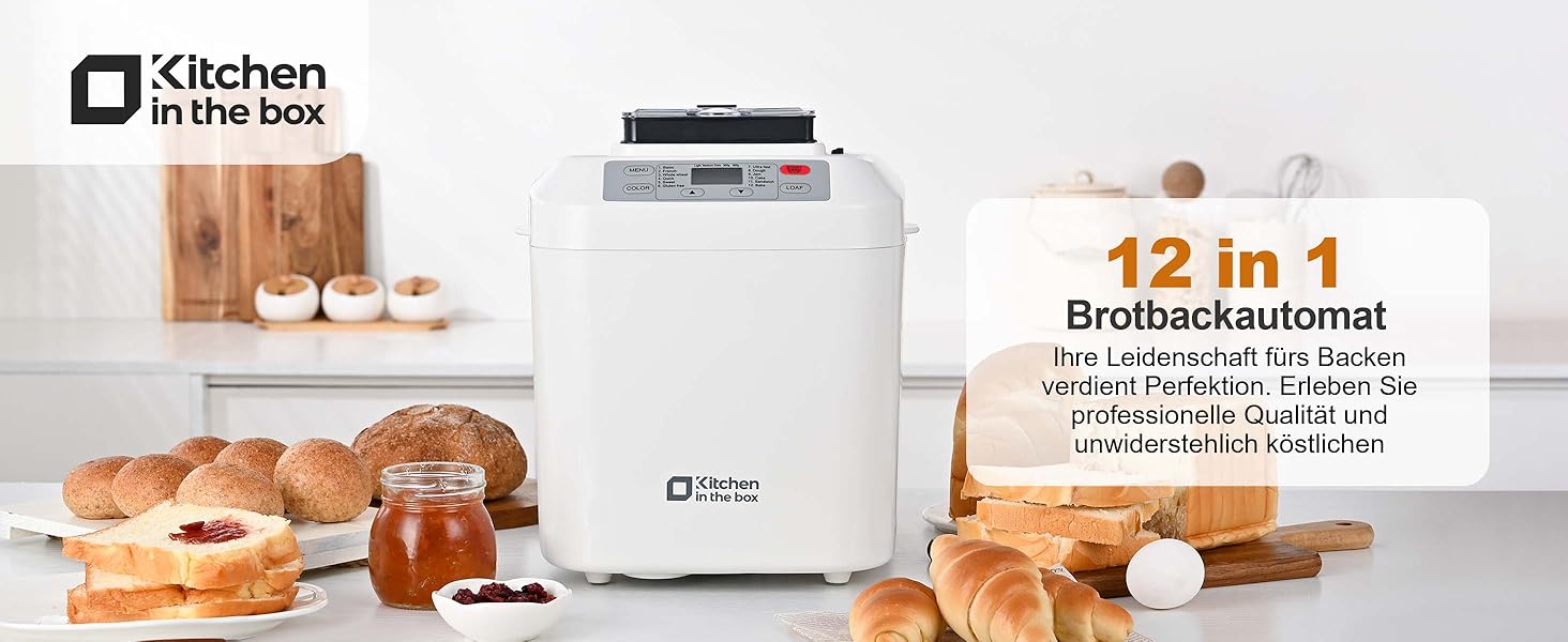 Хлібопекарня Kitchen in the Box з 12 програм, дозувальник і антипригарна форма, таймер 13 годин, білий