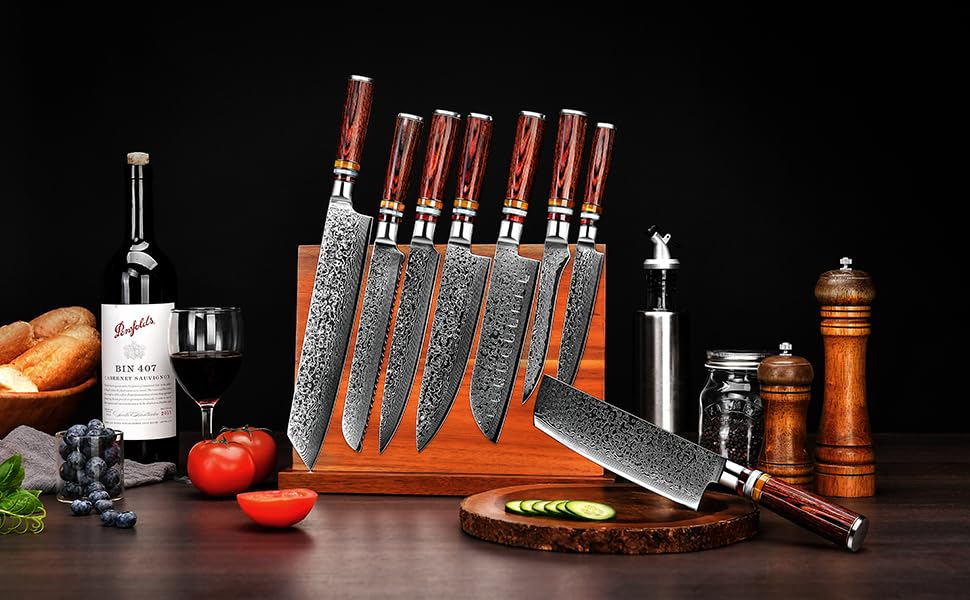 Японський кухонний ніж FANTECK Gyuto з дамаської сталі 20 см (67 шарів VG-10) з дерев'яною ручкою, професійний ніж для кухні, подарункова коробка