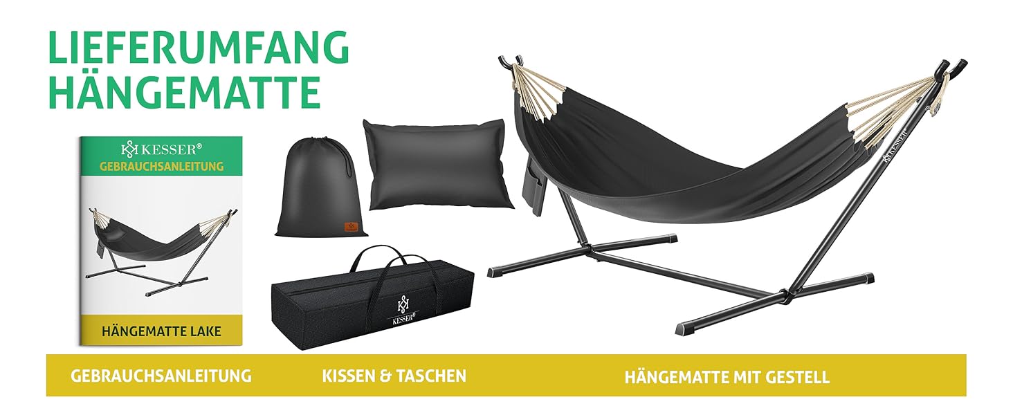 Гамак KESSER® Lake з каркасом для 2 осіб, до 200 кг, для дому та саду, XXL, антрацит. З подушкою, сумкою та мішком.