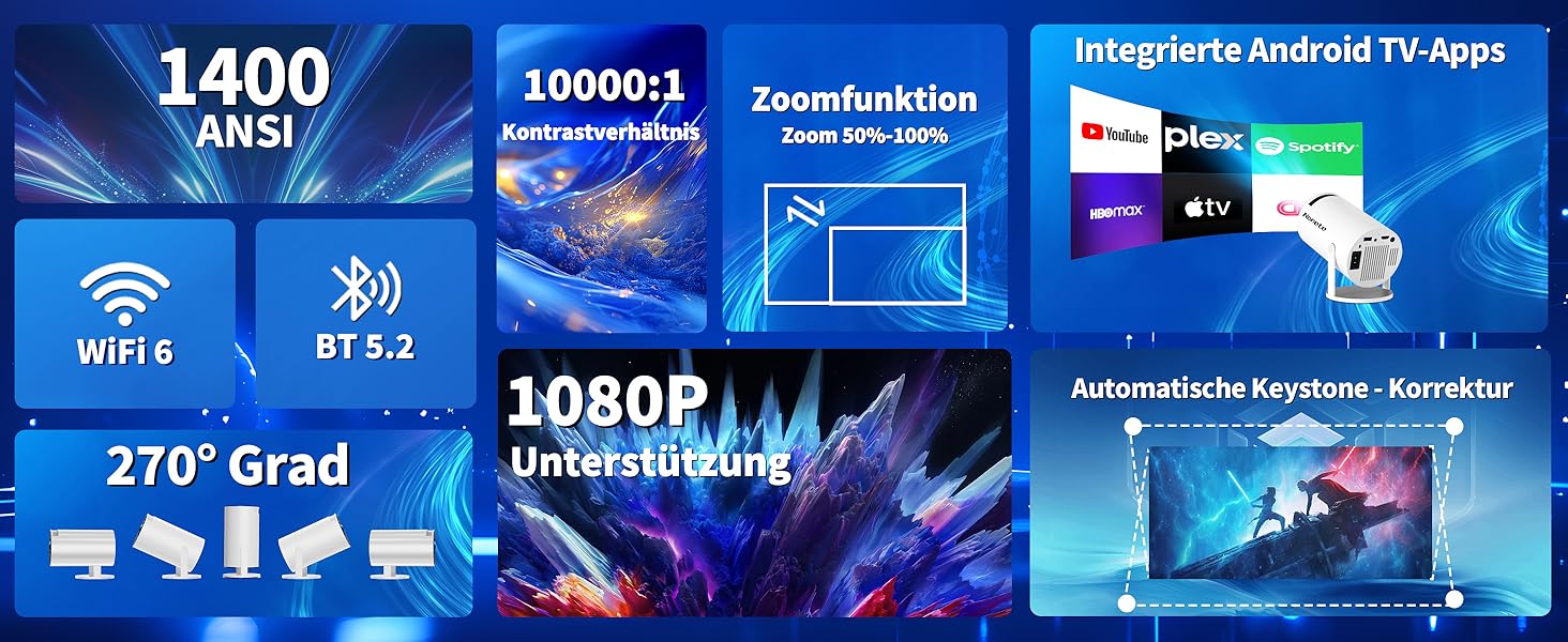 Beamer 4K проєктор: Full HD 1080P, WiFi 6, Bluetooth 5.2, Android, портативний, поворотний 270°, авто-корекція Keystone, для PC/HDMI/USB, з мишкою та пультом, білий