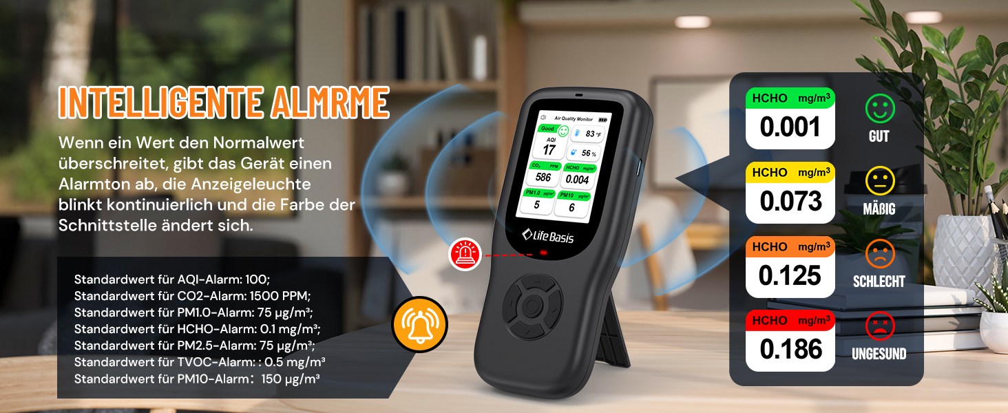Детектор якості повітря LifeBasis 10 в 1: формальдегід, AQI, PM2.5/PM10, HCHO, TVOC, CO2, температура, вологість. USB зарядка для дому та офісу