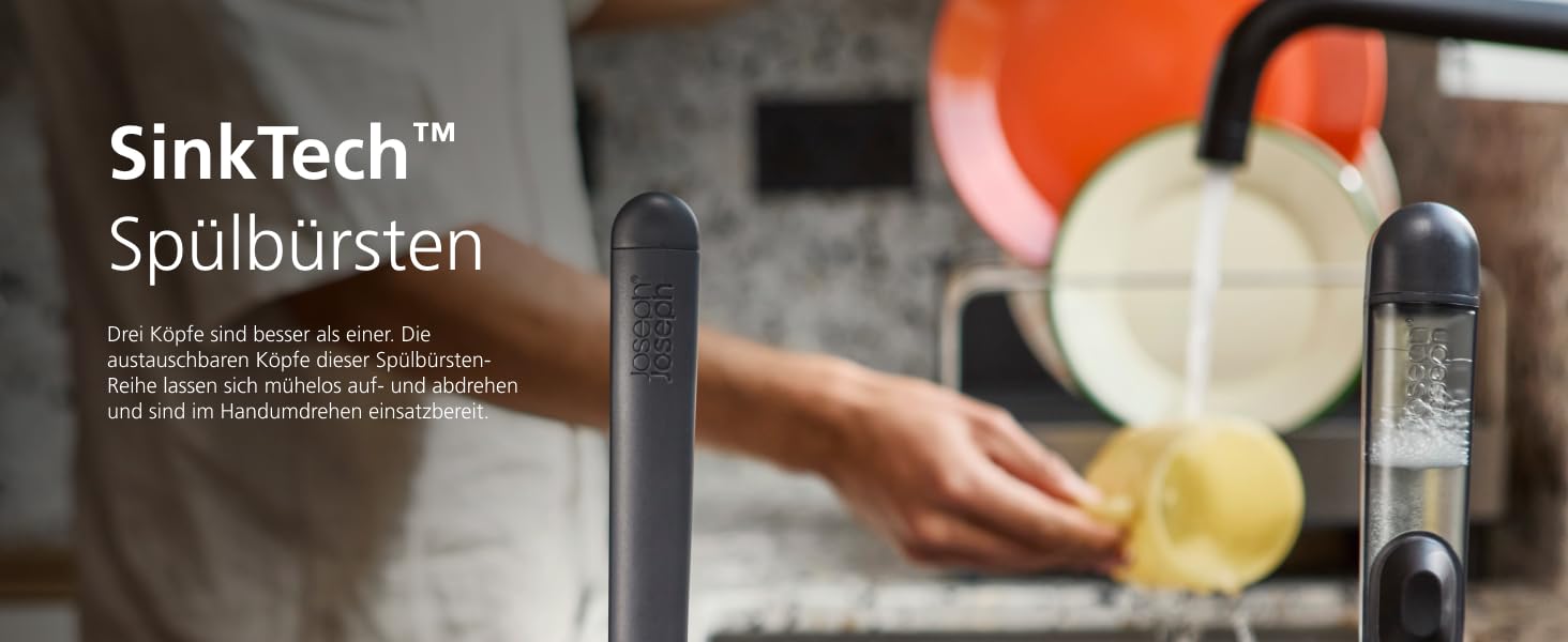 Набір для миття посуду Joseph Joseph SinkTech з підставкою з нержавіючої сталі, міцні щетинки, замінні насадки та підставка для насадок