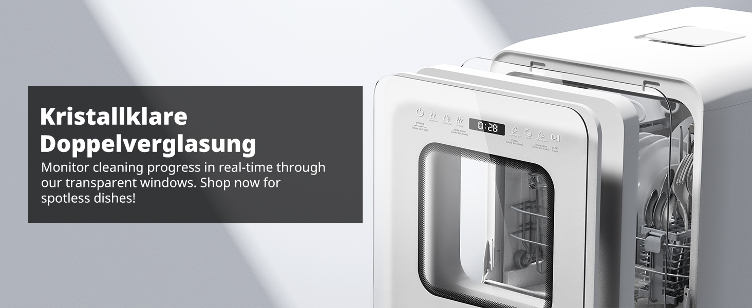 Мийка посуду AIRMSEN Mini для столу з резервуаром для води, ополіскувачем, 9 програм, 37*50 см, ультра-вузька, таймер 1-24 год, 360° подвійний розпилювач, шланг/без шланга, білий