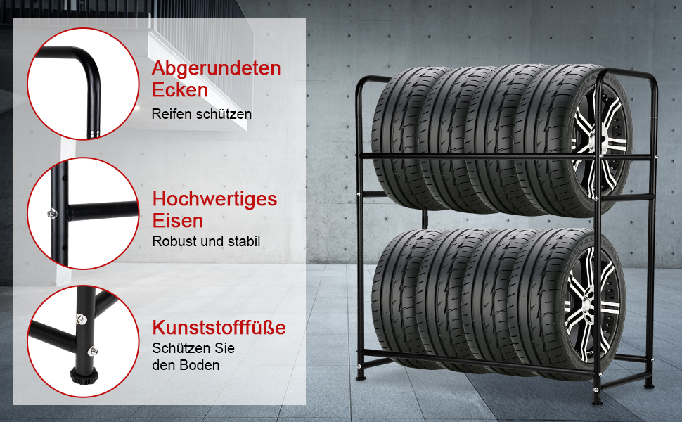 Стійка для шин на 8 шин, 107x46x117 см, для гаража. Місткість 180 кг, з захисною оболонкою. Регулювання висоти.