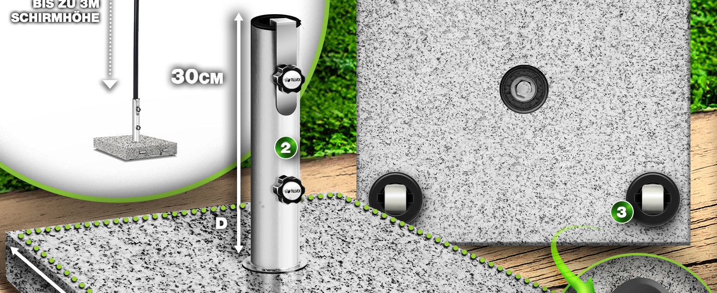 Підставка для парасольки Tillvex® Granit з роликами та ручкою для транспортування, 27 кг, кутова | Підставка для парасольки з нержавіючою сталею | Підставка для парасольки на балкон, сумісна з держателями 16-48 мм та парасольками діаметром 250 см, кутова, сіра