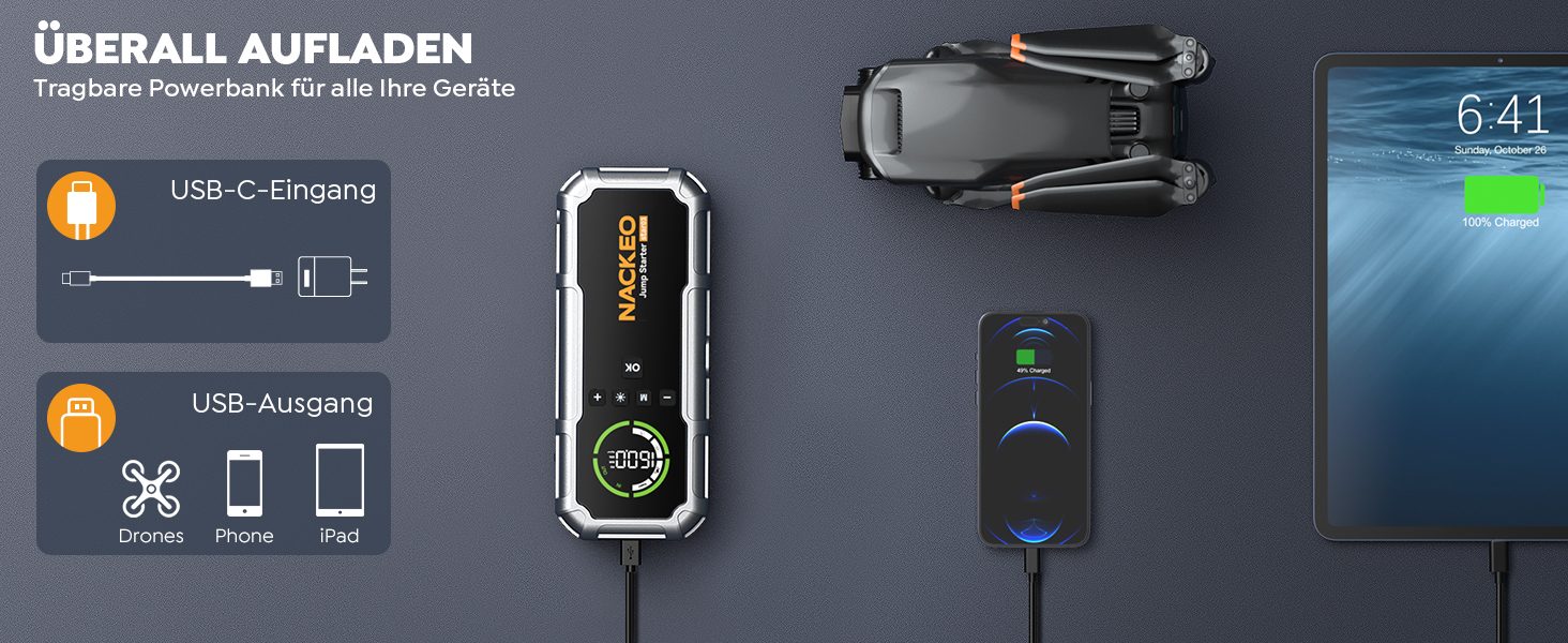 Powerbank Starthilfe 8000A з компресором 160PSI, 12V для авто, 20000mAh, LED-ліхтар, LCD-дисплей, сріблястий