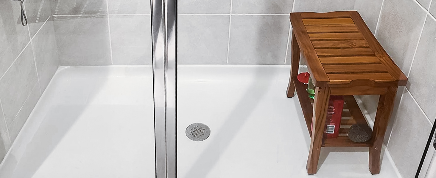 Дерев'яний душовий стілець VaeFae з текового дерева - стійкий, легкий, з полицею, для ванної кімнати