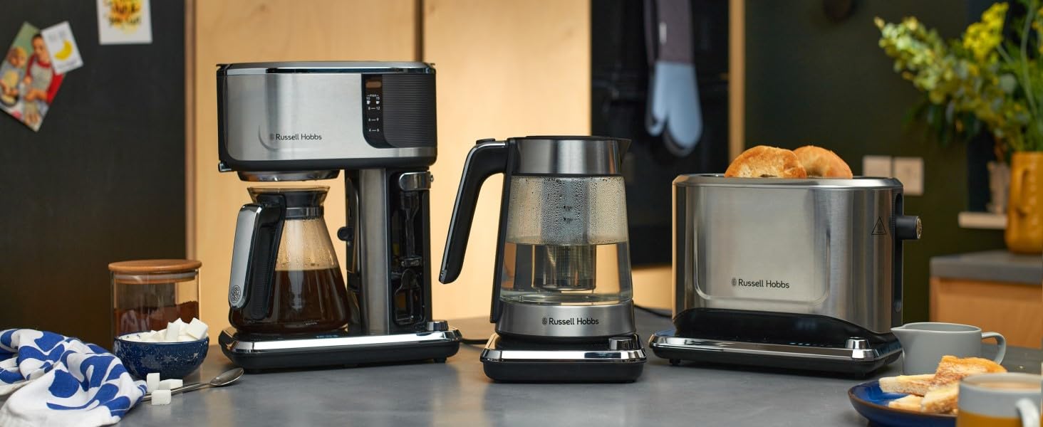 Скляний електрочайник Russell Hobbs Attentiv 26200-70 з регулюванням температури (40-100°C), ситом для чаю, цифровим керуванням та функцією підігріву, 1.7л, 2400Вт, нержавіюча сталь