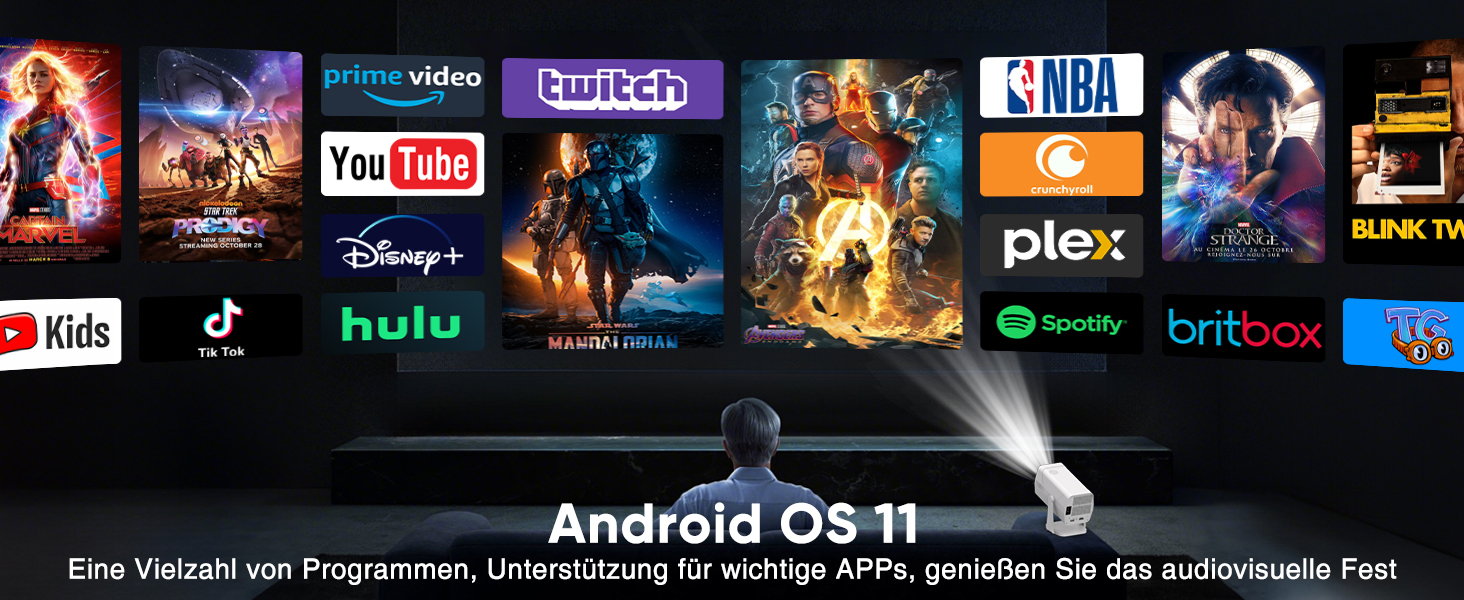 Портативний проєктор Mini Beamer з Android TV, автотрапецеїдна корекція, підтримка 4K 1080P, Bluetooth WiFi6, 160ANSI. Підходить для телефону, TV Stick, ноутбука, кінотеатру вдома та на вулиці.