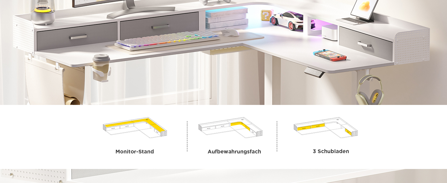 Електричний кутовий стіл L-подібної форми, 160 x 140 см, з 3 висувними ящиками, регулювання висоти, для офісу, ігрової кімнати, дому